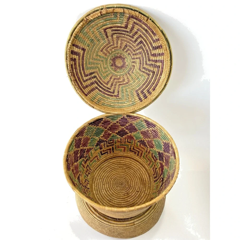 Vintage African Style Handwoven Coil Lidded Basket W/ Colorful Interior Design